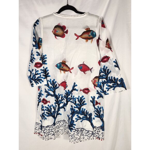 Soft Surroundings Womens Tunic Top Fish Coral Beads Cotton Kitschy Beach US/XS - Picture 5 of 5